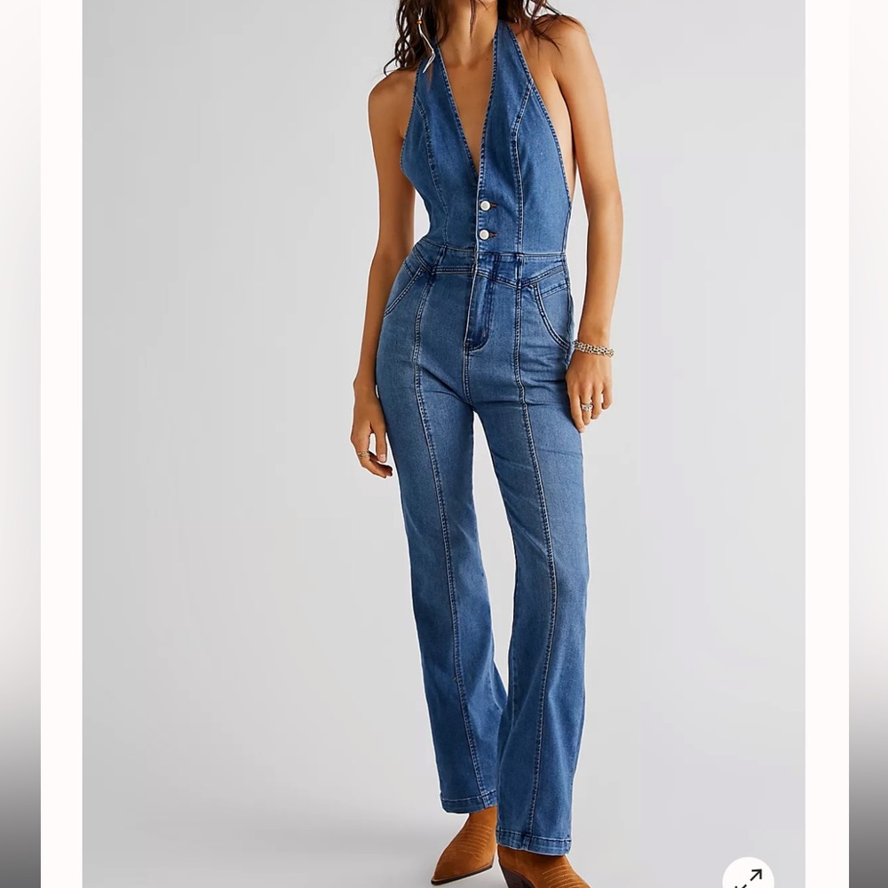 Free people denim halter jumpsuit, worn once, backless, sexy, stretchy